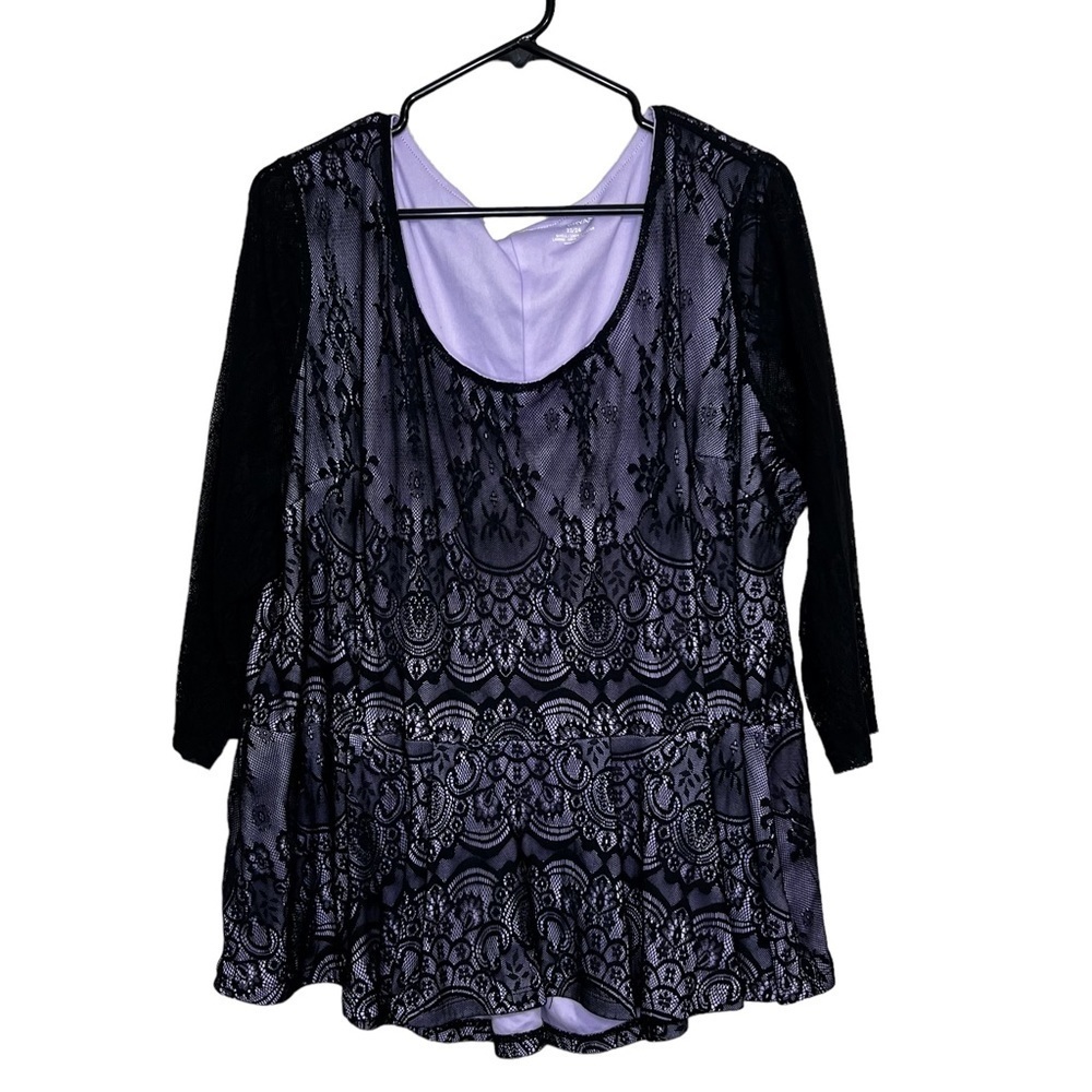 Lane Bryant Womens Plus Size 22 24 Black Lace Purple Underlay 3/4 Sheer Sleeves
